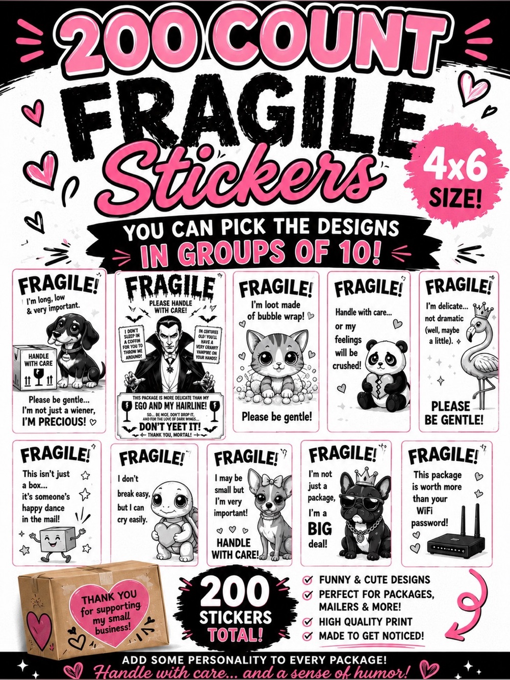 Fragile Stickers - 200 Count pick your styles